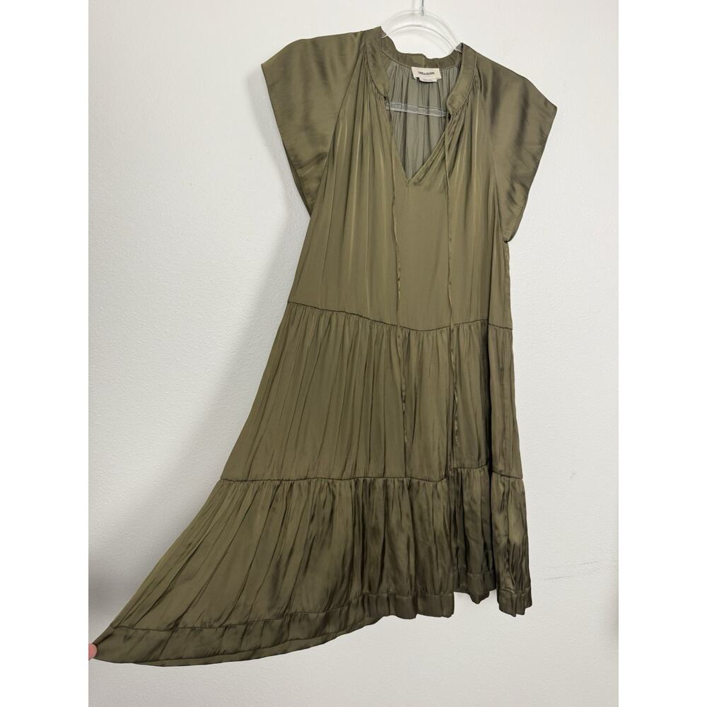 Zadig & Voltaire Olive Green Satin Dress Womens XS Flowy Tiered Mini $358 - Picture 2 of 13